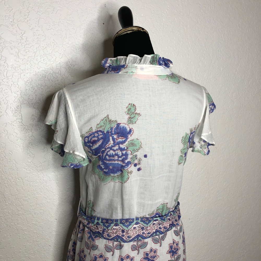 Oliphant Portofino white blue floral button front ruffle trim maxi dress Small - Picture 13 of 16